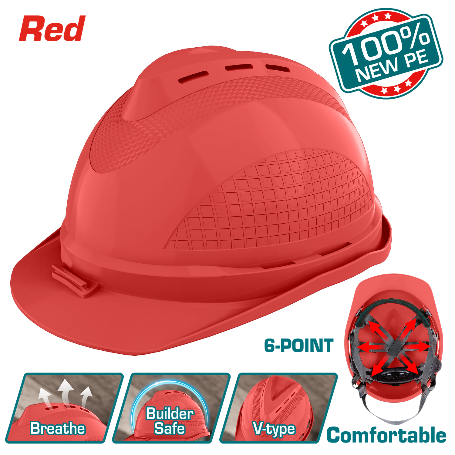 TOTAL TSP8604 Safety Helmet– Red, 6-Point Suspension with Ratchet Adjustment