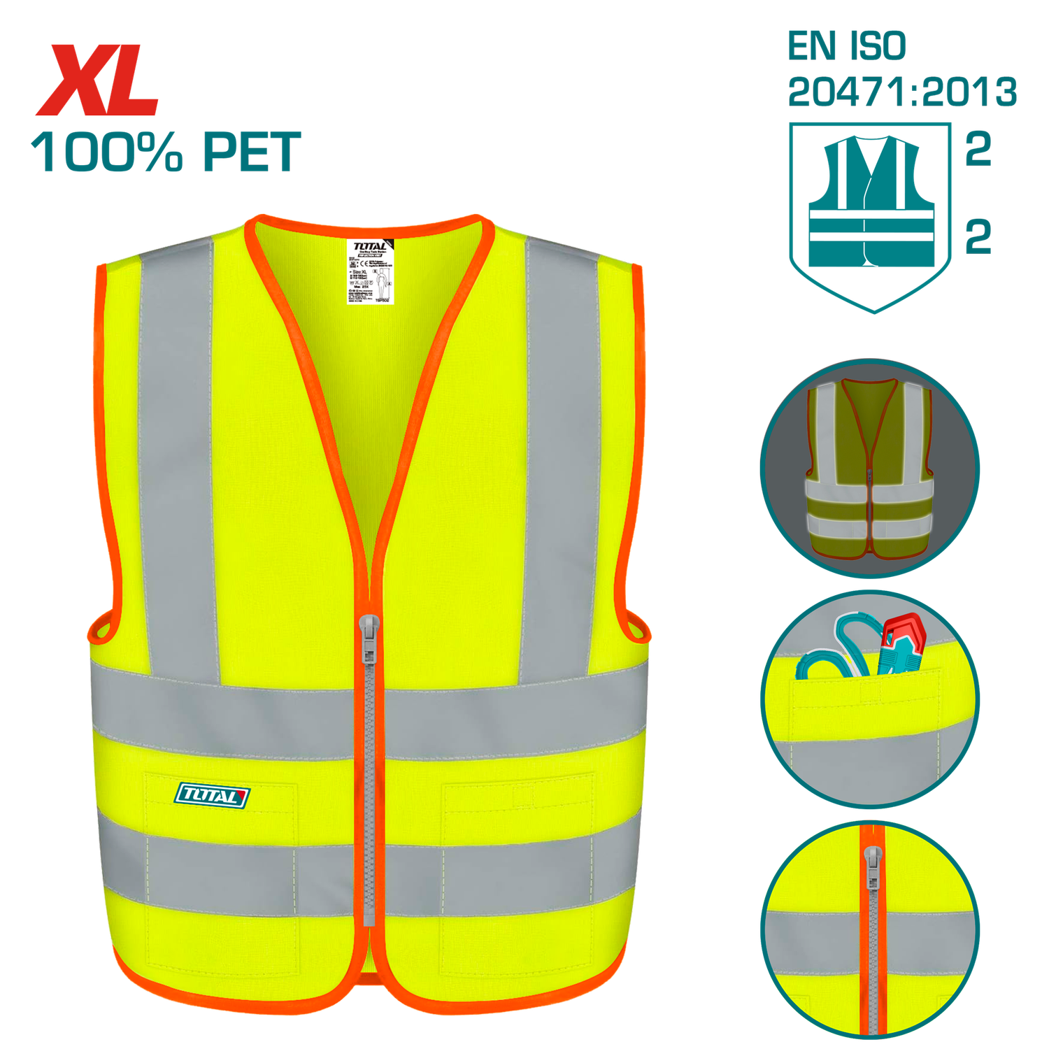 TOTAL TSP63XL Reflective Safety Vest– XL, Fluorescent Yellow, EN471 Class 2