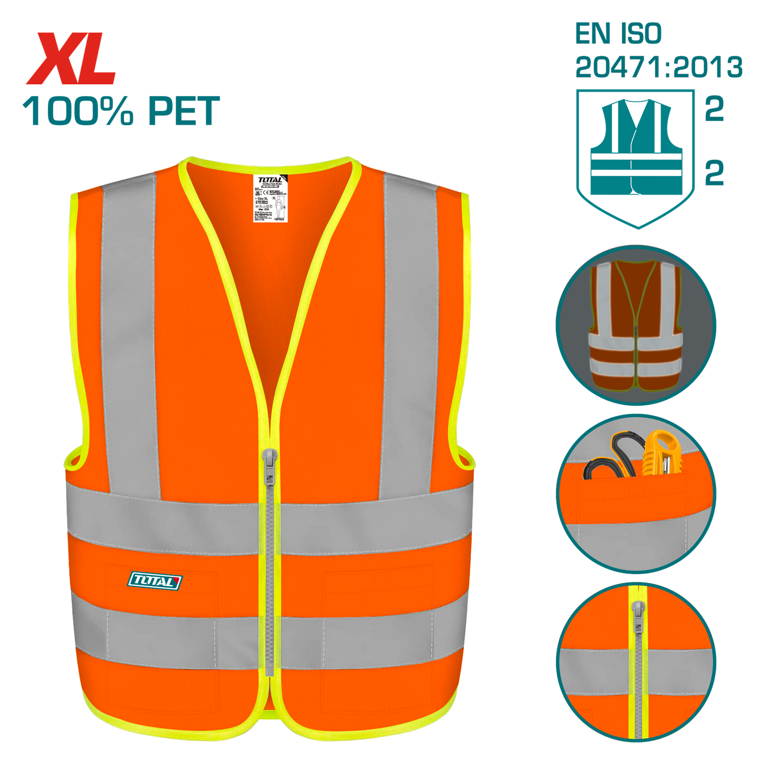 TOTAL TSP62XL Reflective Safety Vest – XL, Fluorescent Orange, EN471 Class 2