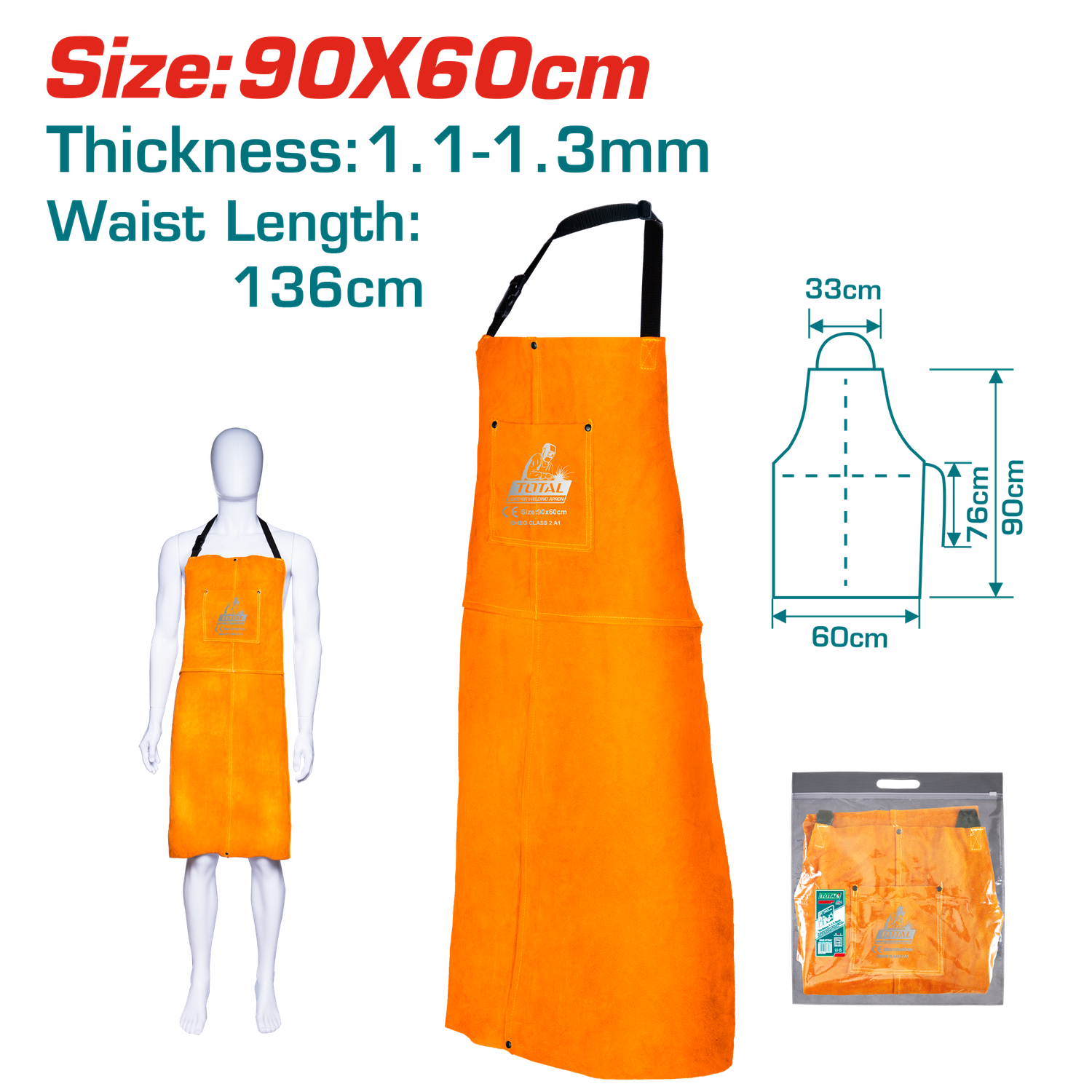 TOTAL TSPWA03 Leather Welding Apron– 90×60cm, Heat &amp; Flame-Resistant Cowhide