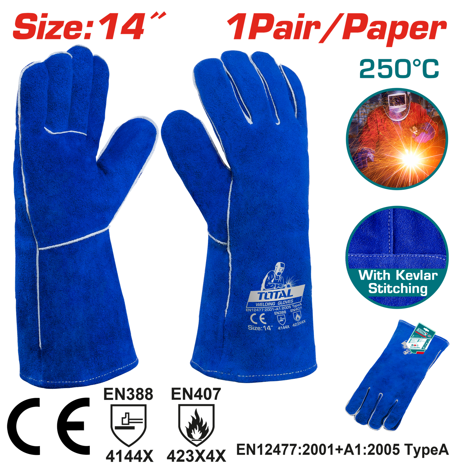 TOTAL TSP15014 Welding Gloves– 14 Inch, Kevlar Stitched, Blue Leather