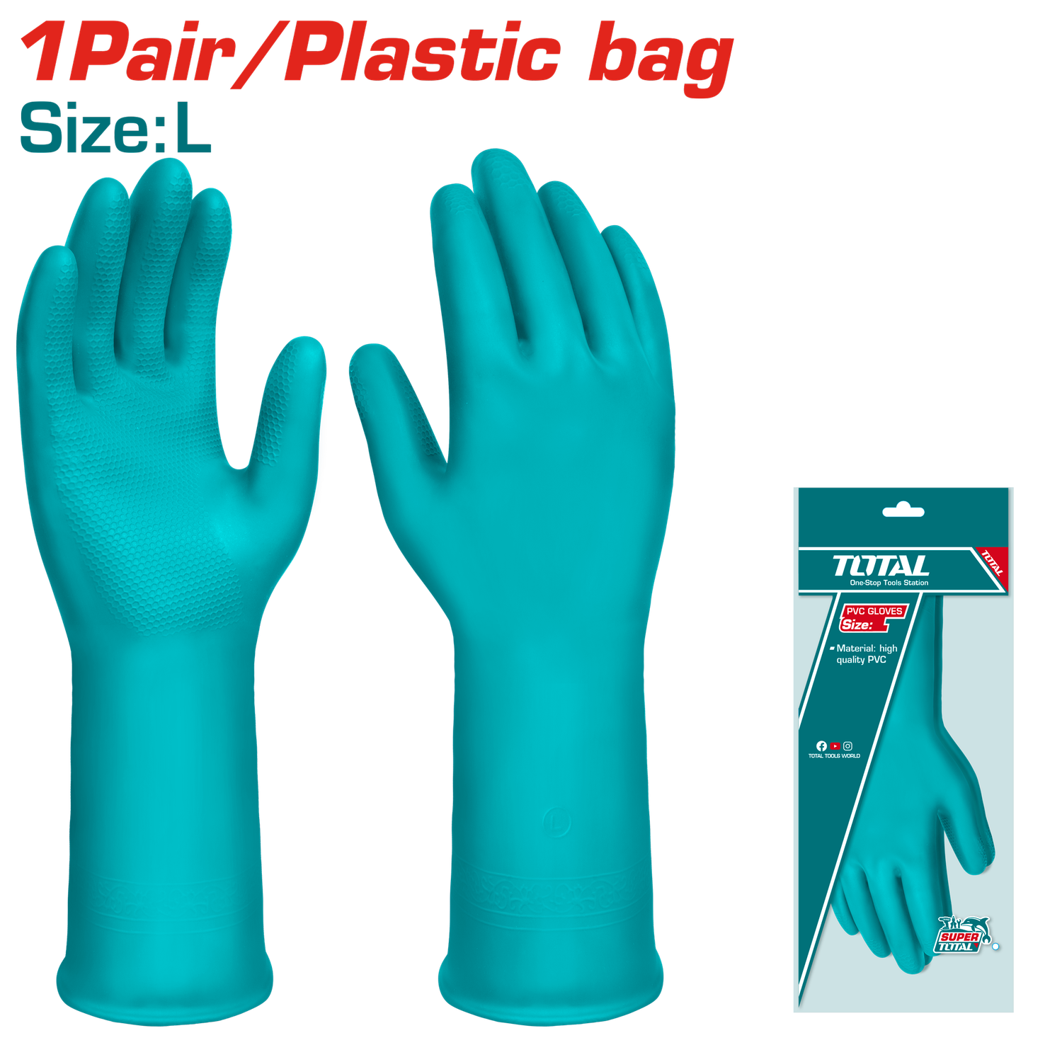 TOTAL TSP1801 PVC Gloves– Size L, 32cm, Heavy-Duty Hand Protection