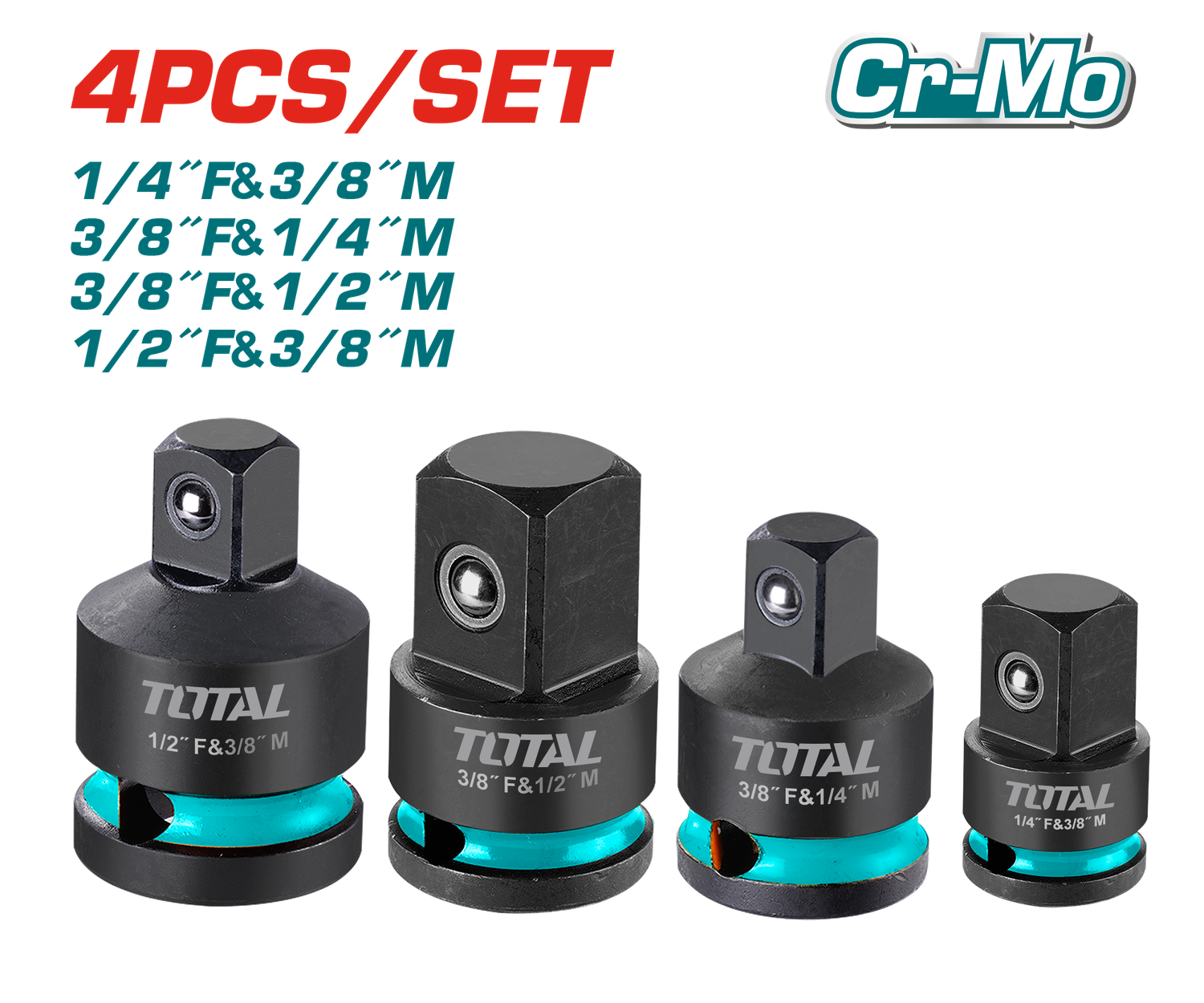 TOTAL 4 Pcs CR-MO Impact Socket Adapter Set (1/4", 3/8", 1/2") – THISAD12438