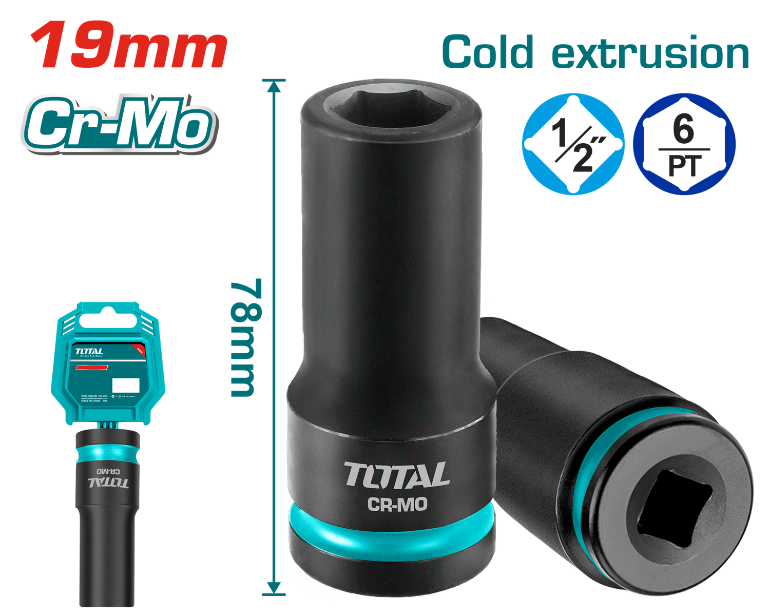 TOTAL 1/2" Drive 19mm Deep Impact Socket Cr-Mo, 78mm Length – THDIS12192L