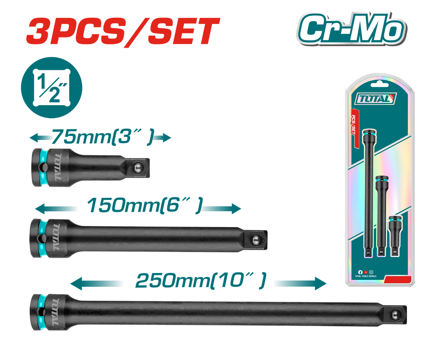 TOTAL 3 Pcs 1/2" Drive Impact Extension Bar Set Cr-Mo (75mm, 150mm, 250mm) – THISEB12031