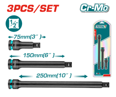 TOTAL 3 Pcs 1/2" Drive Impact Extension Bar Set Cr-Mo (75mm, 150mm, 250mm) – THISEB12031