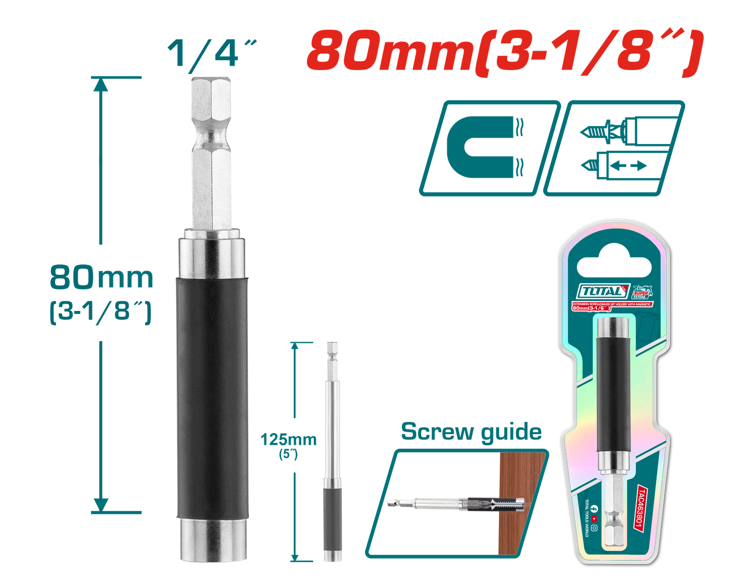 TOTAL Magnetic Extension Screwdriver Bit Holder 80–125mm, 1/4" Hex Shank – TAC463801