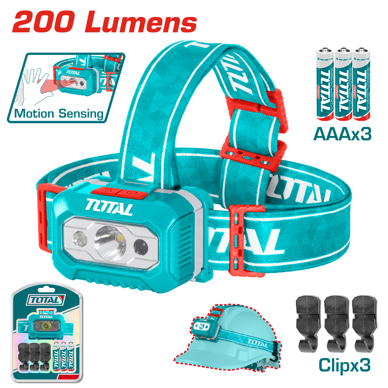 TOTAL LED Headlamp 200 Lumens, 91m Beam Distance, 3×AAA Battery, IPX4 Water Resistant-THL013AAA6