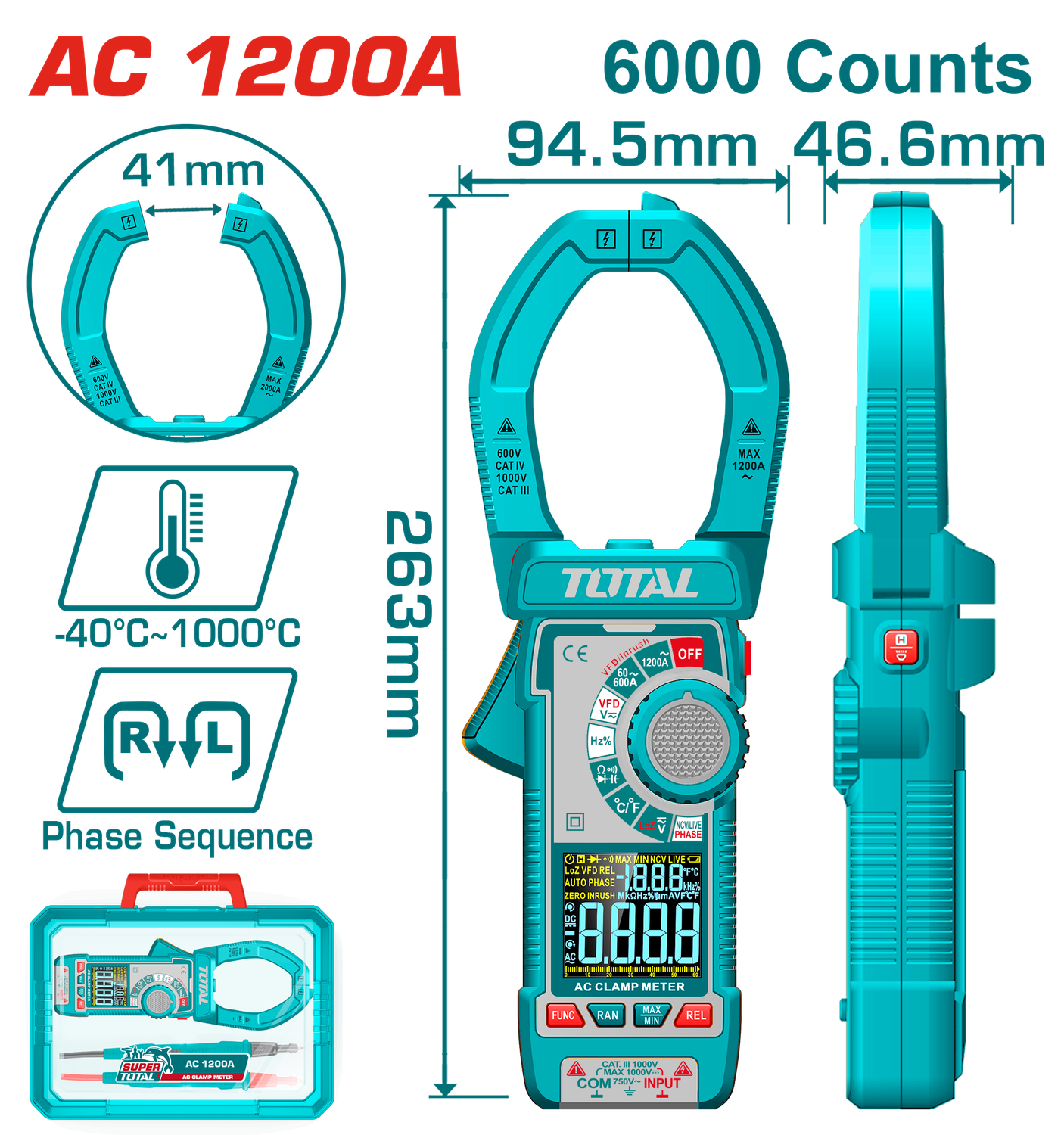 TOTAL Digital AC Clamp Meter TRMS 6000 Counts, 1200A, VA Color Display-TMT7610001
