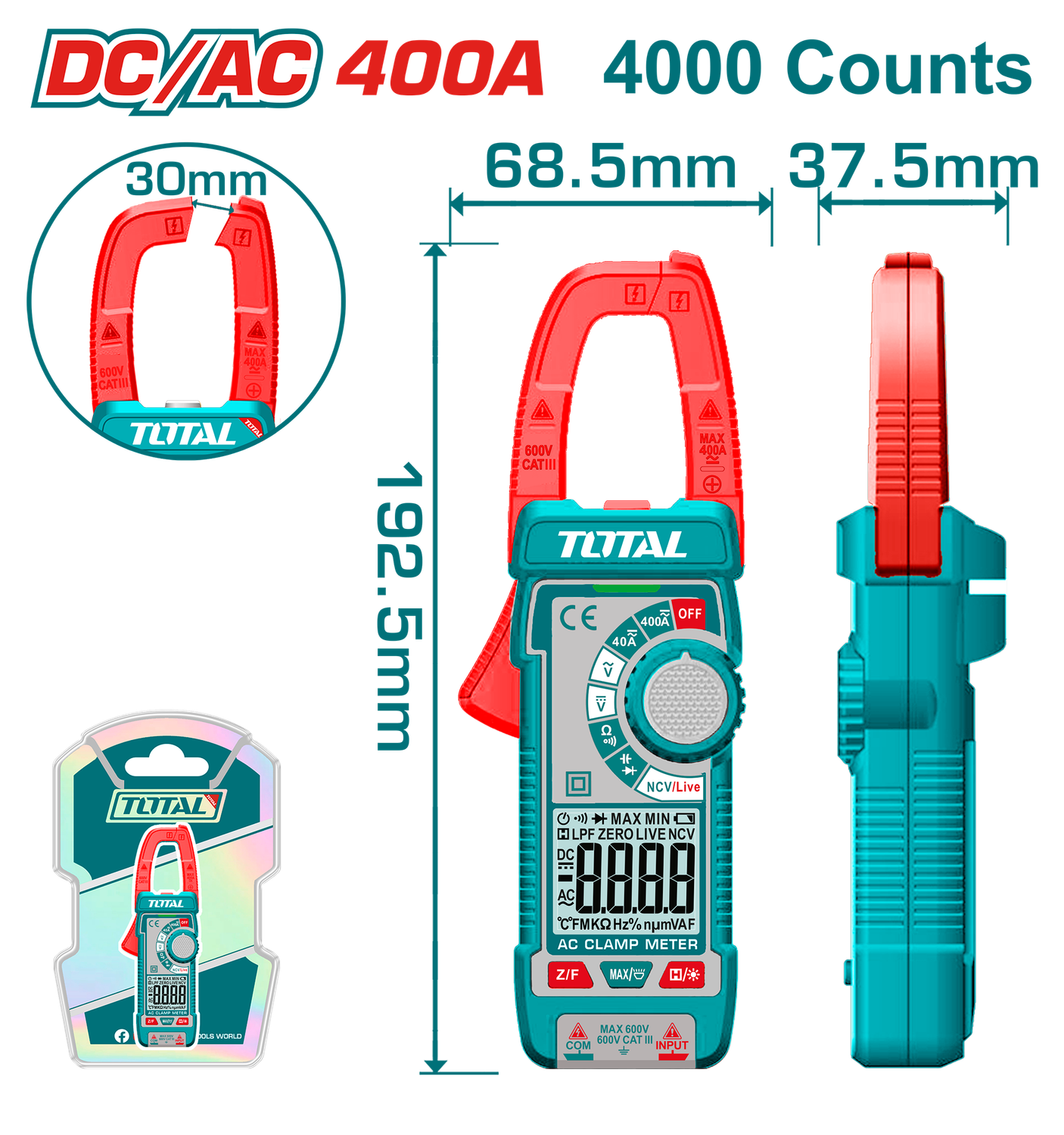 TOTAL Digital DC/AC Clamp Meter 4000 Counts, 400A, NCV with Flashlight-TMT762002