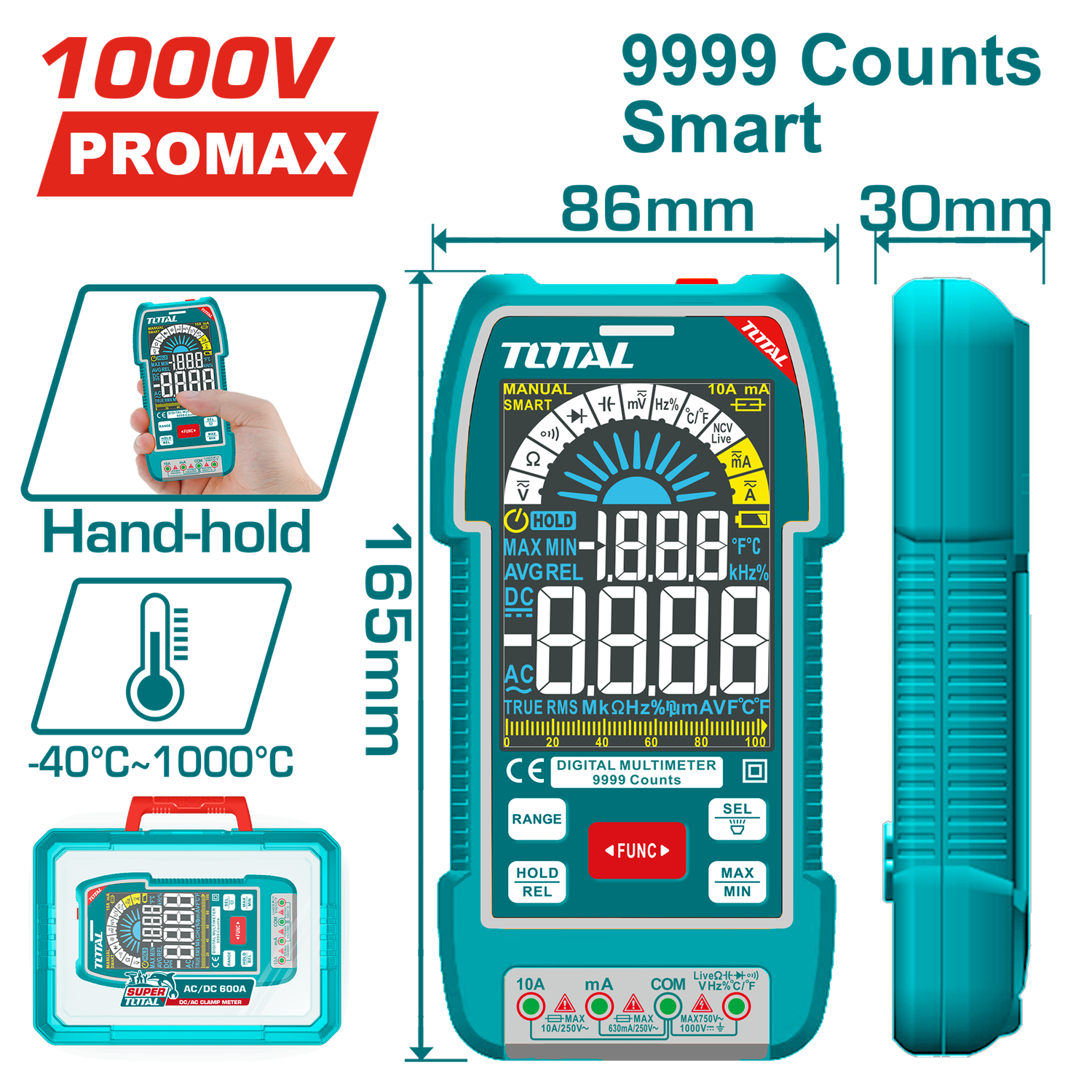TOTAL Digital Multimeter TRMS 9999 Counts, VA Color Display, Smart Function-TMT5110004