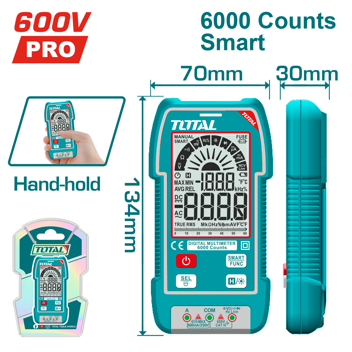 TOTAL Digital Multimeter TRMS 6000 Counts, Smart Function, NCV with LED Indicator-TMT516004
