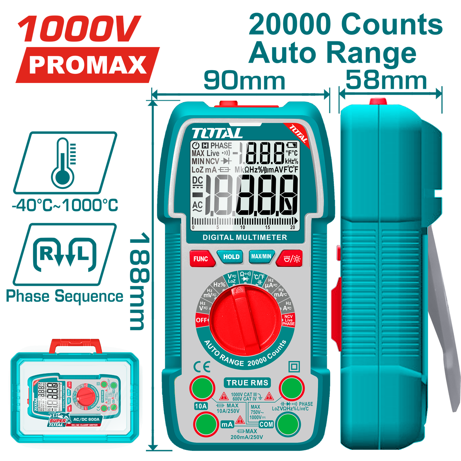 TOTAL Digital Multimeter TRMS 20000 Counts, Auto Range, NCV, Phase Detection-TMT5410003