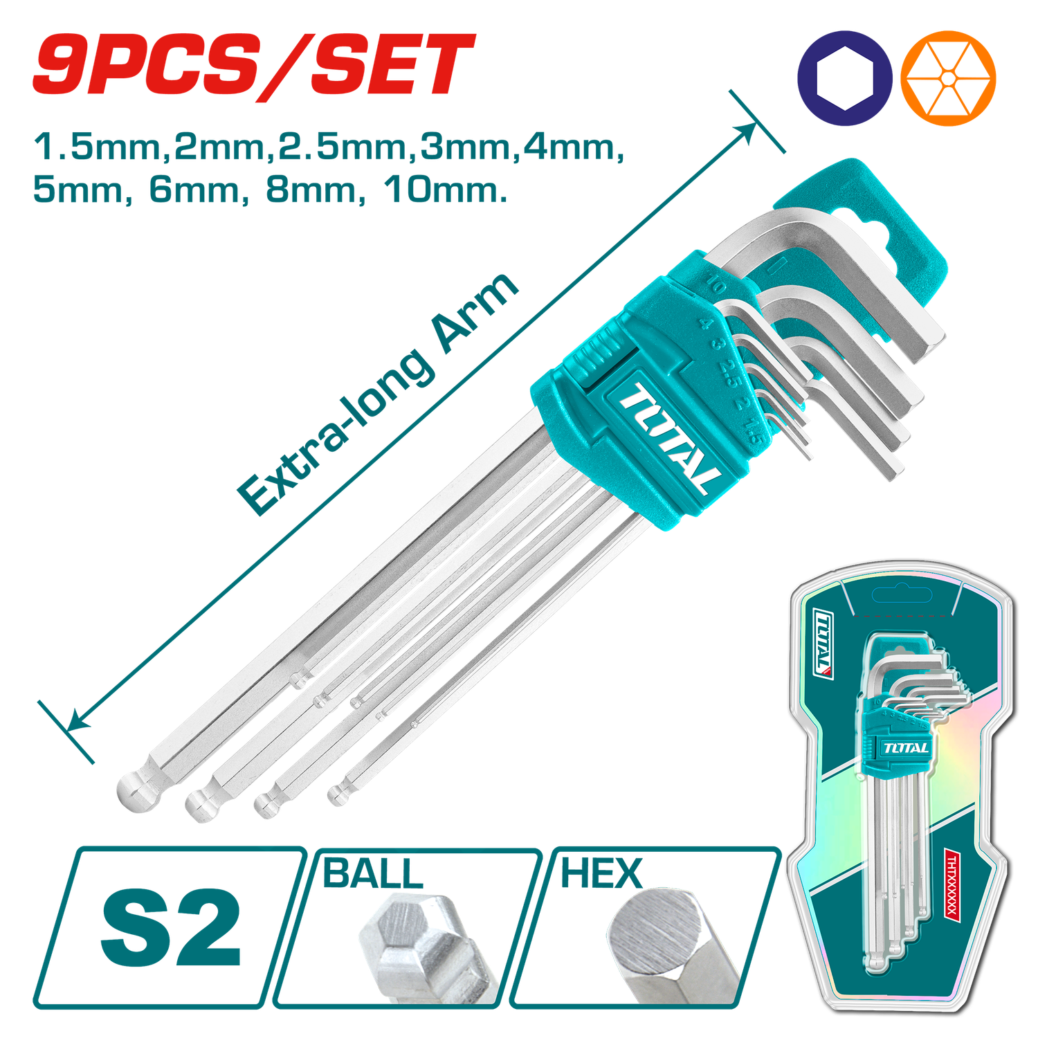 TOTAL 9PCS Ball Point Hex Key Set, Extra-Long, S2 Steel, Metric-THT106292
