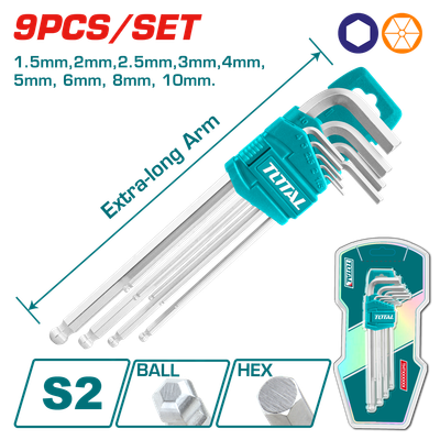 TOTAL 9PCS Ball Point Hex Key Set, Extra-Long, S2 Steel, Metric-THT106292