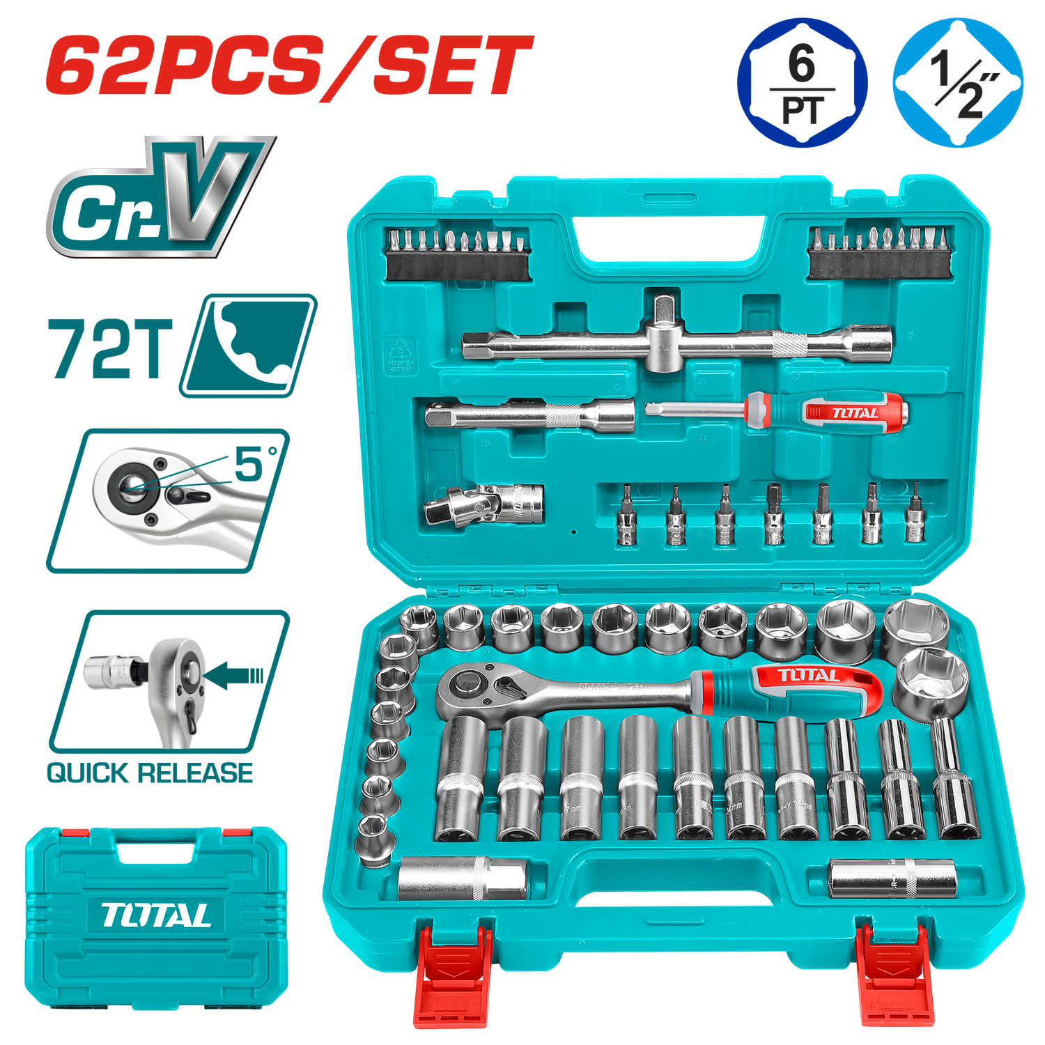 TOTAL 62PCS 1/2? Socket Set, Cr-V Steel, 72T Ratchet, Complete Kit-THT121602