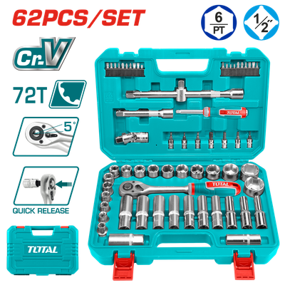 TOTAL 62PCS 1/2? Socket Set, Cr-V Steel, 72T Ratchet, Complete Kit-THT121602