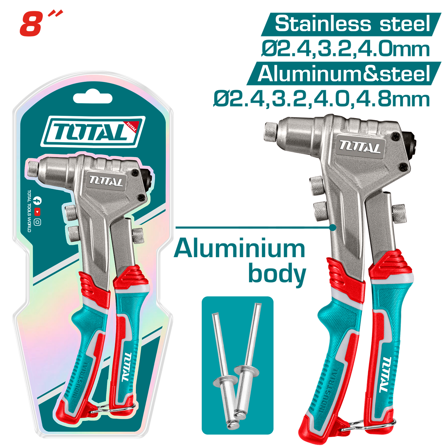TOTAL Hand Riveter 8?, Steel &amp; Aluminium Body, Multi-Rivet Sizes-THT32081