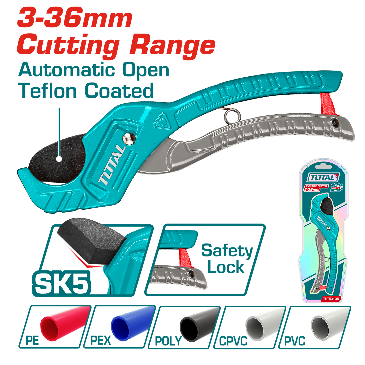 TOTAL 210mm PVC Pipe Cutter – Heavy Duty Aluminum Pipe Cutting Tool with SK5 Blade (3–36mm Capacity) | Model THT53135