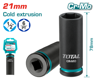 TOTAL 1/2" Drive 21mm Deep Impact Socket Cr-Mo, 78mm Length – THDIS12212L
