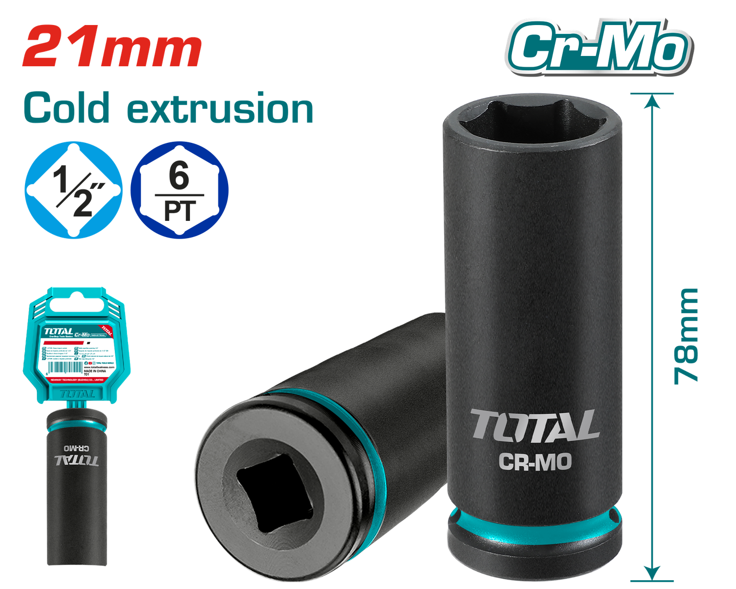 TOTAL 1/2" Drive 21mm Deep Impact Socket Cr-Mo, 78mm Length – THDIS12212L