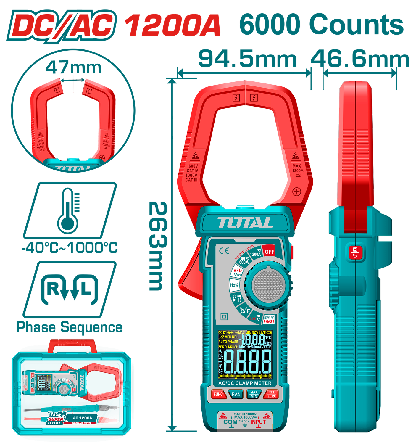 TOTAL Digital Clamp Meter TRMS 6000 Counts, 1200A AC/DC, VA Color Display-TMT7610002