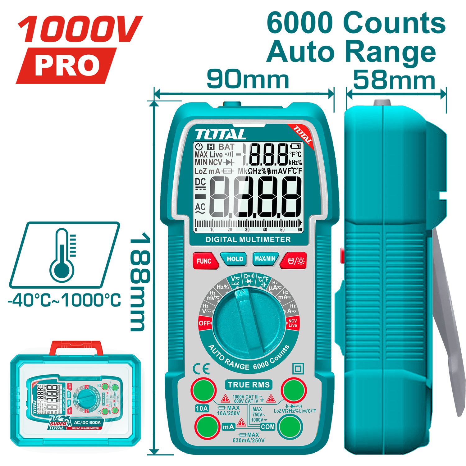 TOTAL Digital Multimeter TRMS 6000 Counts, Auto Range, NCV, High Voltage Alert-TMT5310004