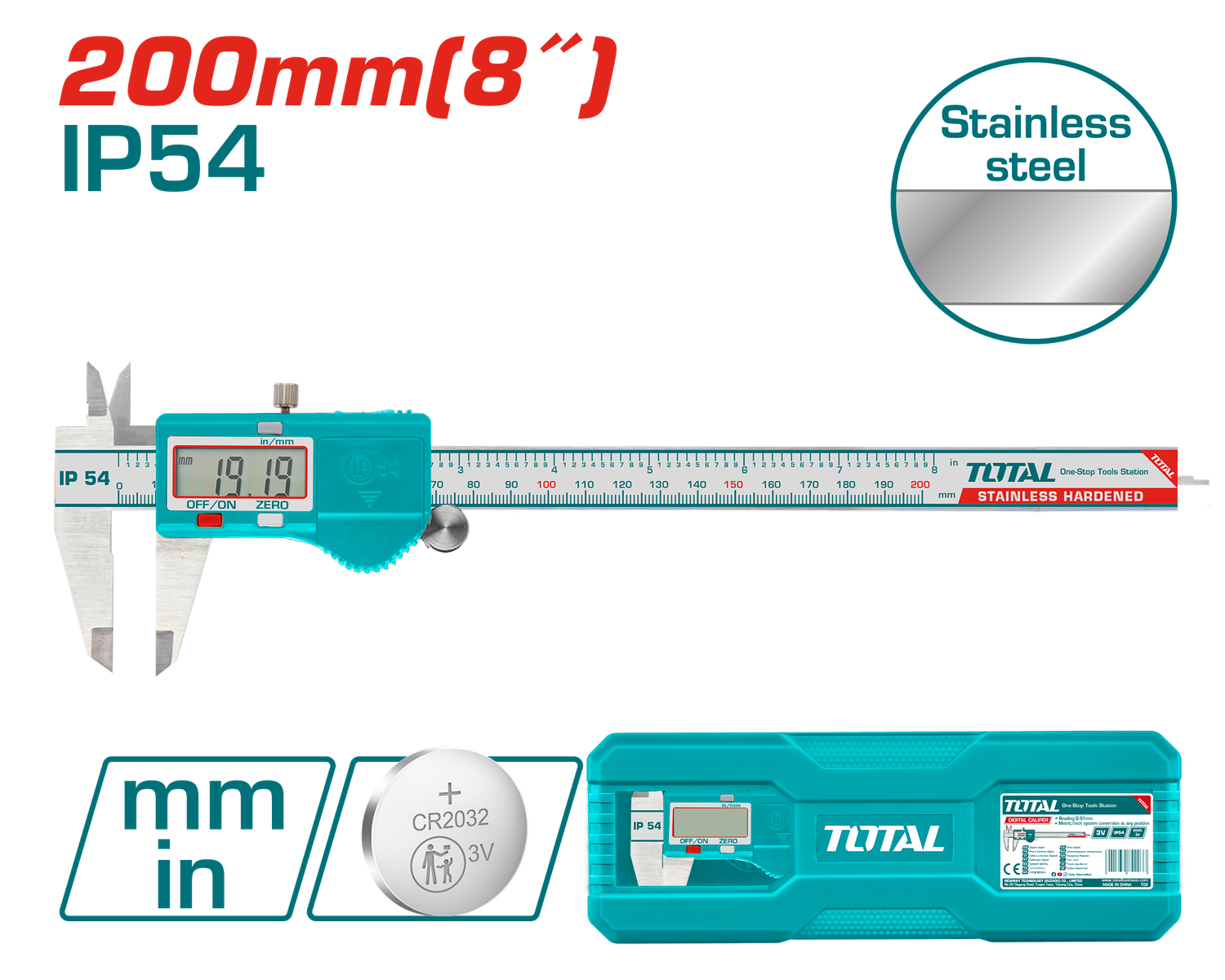 TOTAL Digital Caliper 0–200mm, 0.01mm Resolution, IP54, Metric/Inch-TMT322006