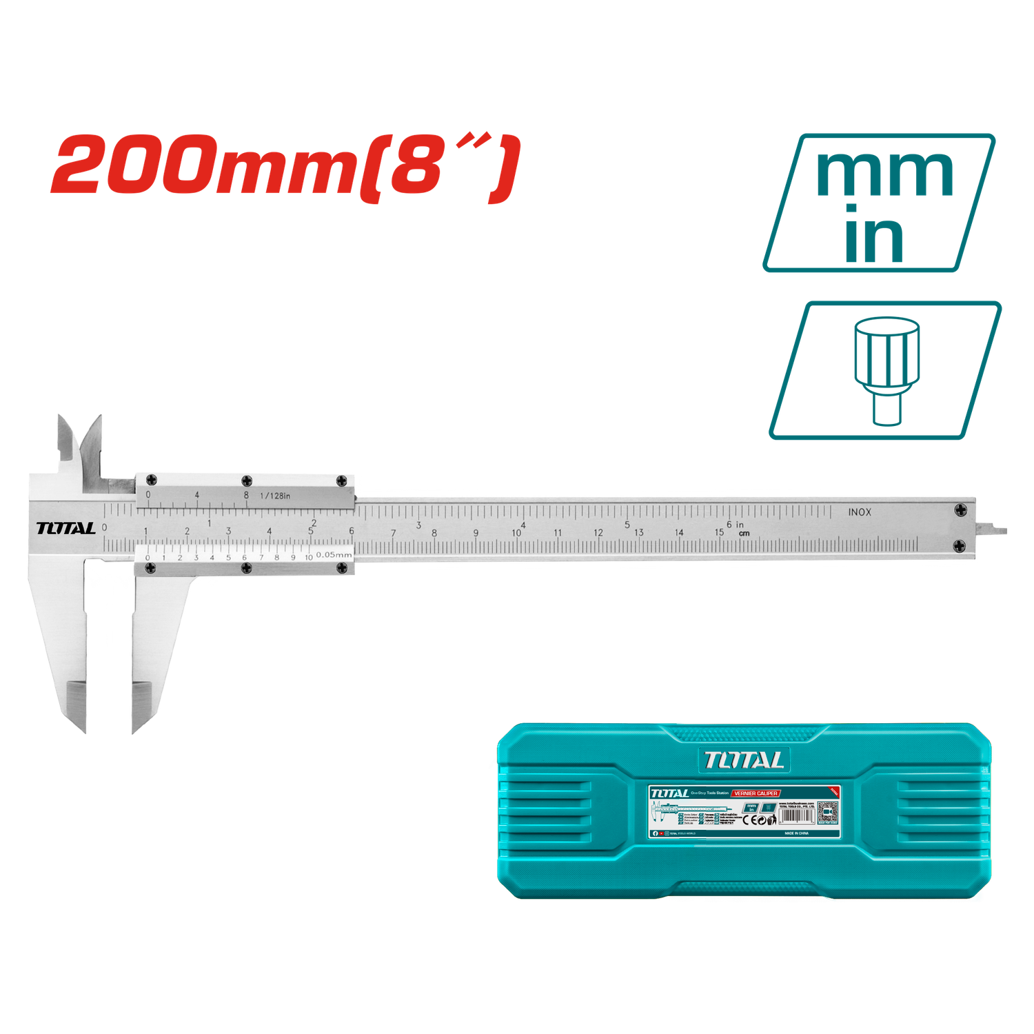 TOTAL Vernier Caliper 0–200mm, 0.05mm Precision, Carbon Steel, Metric/Inch-TMT312001