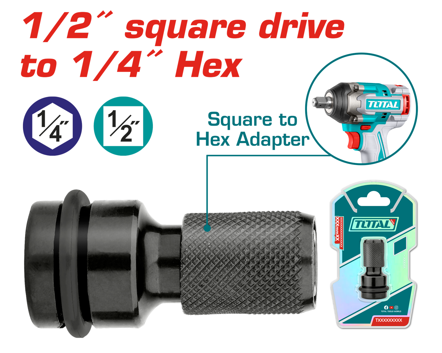 TOTAL 1/2" Square to 1/4" Hex Impact Adapter – Heavy Duty Socket to Hex Bit Converter (50mm) | Model TAC60501