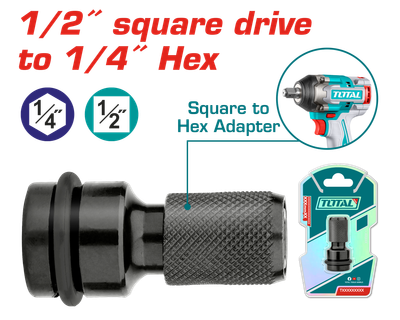 TOTAL 1/2" Square to 1/4" Hex Impact Adapter – Heavy Duty Socket to Hex Bit Converter (50mm) | Model TAC60501