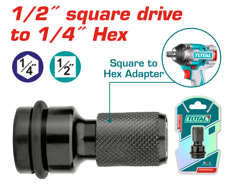 TOTAL 1/2" Square to 1/4" Hex Impact Adapter – Heavy Duty Socket to Hex Bit Converter (50mm) | Model TAC60501