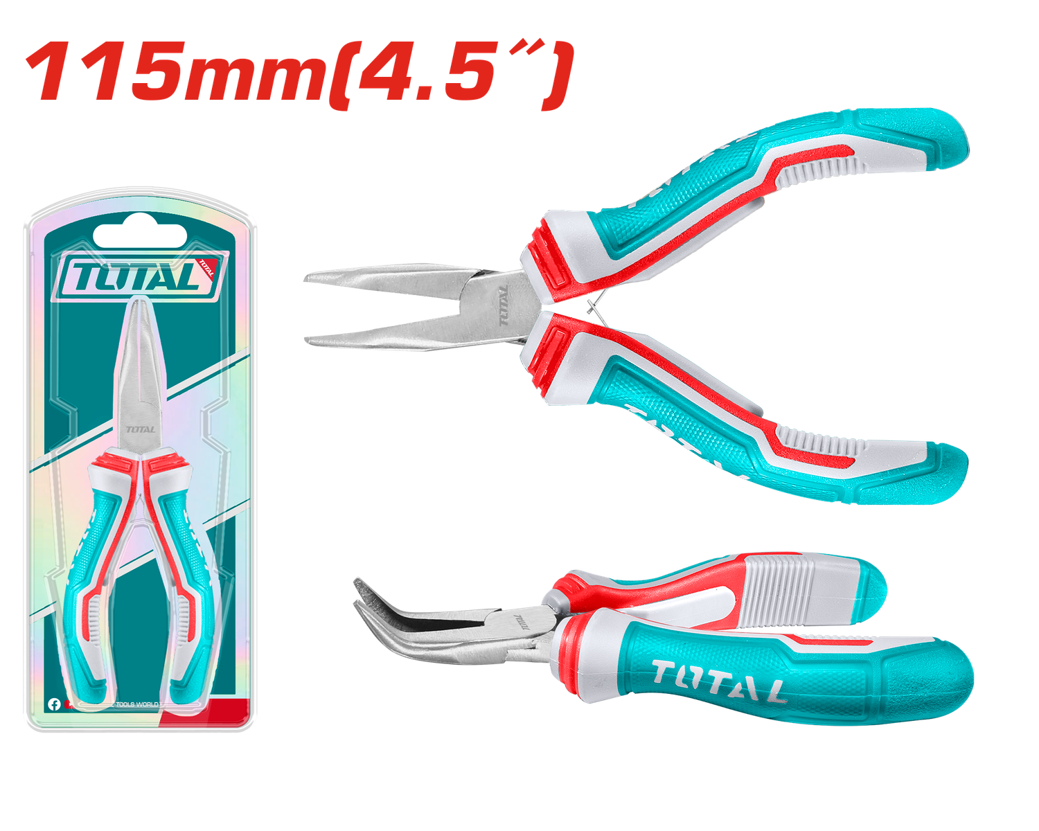 TOTAL Mini Bent Nose Pliers 4.5" (115mm) – Precision Long Nose Pliers with Two-Color Comfort Grip | Model THTMN456
