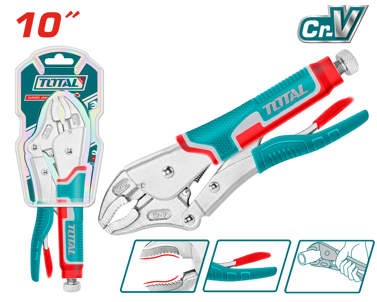 TOTAL 10" Curved Jaw Locking Pliers – Heavy Duty Cr-V Steel Grip Pliers with Adjustable Opening (0–50mm) | Model THT191001