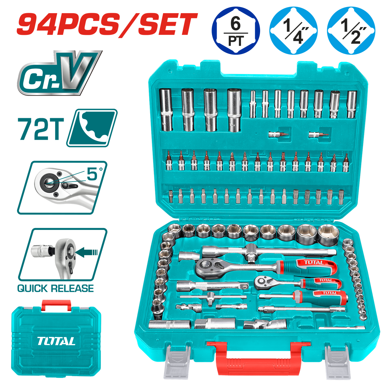 TOTAL 94PCS 1/4? &amp; 1/2? Socket Set, Cr-V Steel, 72T Ratchet, Professional Kit-THT421942