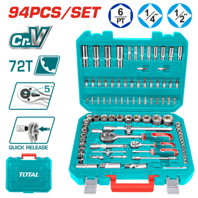TOTAL 94PCS 1/4? &amp; 1/2? Socket Set, Cr-V Steel, 72T Ratchet, Professional Kit-THT421942