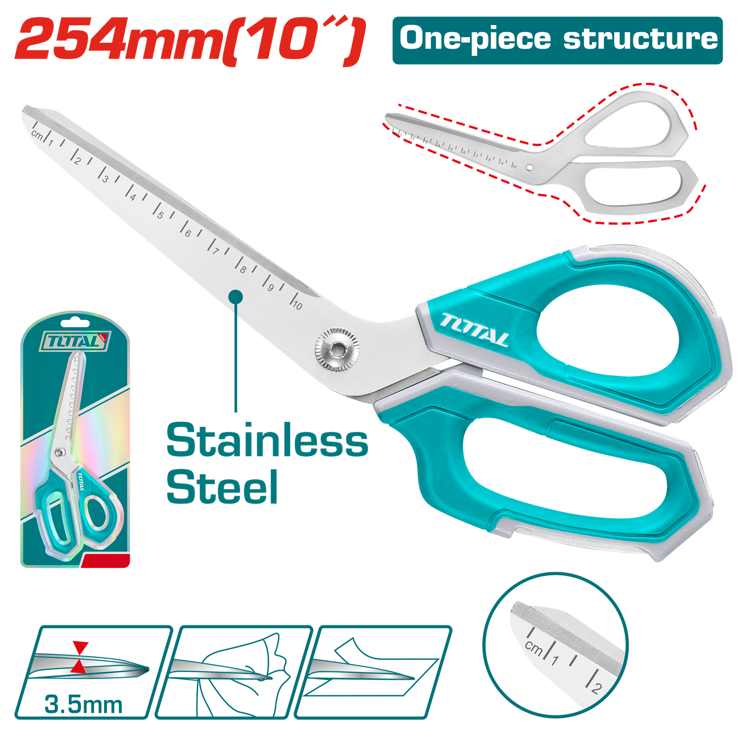 TOTAL 10" Heavy Duty Multi-Purpose Scissors – Stainless Steel Blade with Serrated Edge &amp; Ruler Markings | Model THSCRS25088