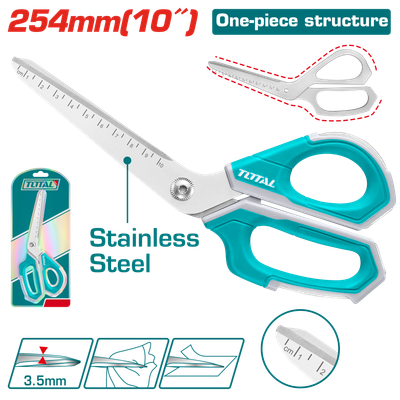 TOTAL 10" Heavy Duty Multi-Purpose Scissors – Stainless Steel Blade with Serrated Edge &amp; Ruler Markings | Model THSCRS25088