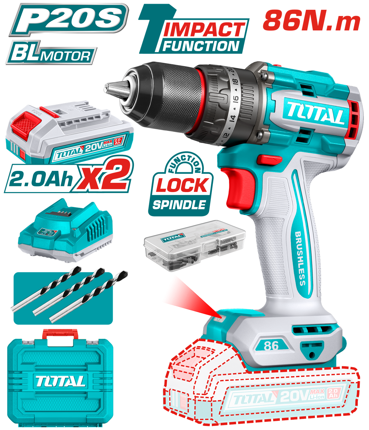 TOTAL Brushless Cordless Impact Drill – 20V | TIDLI208687