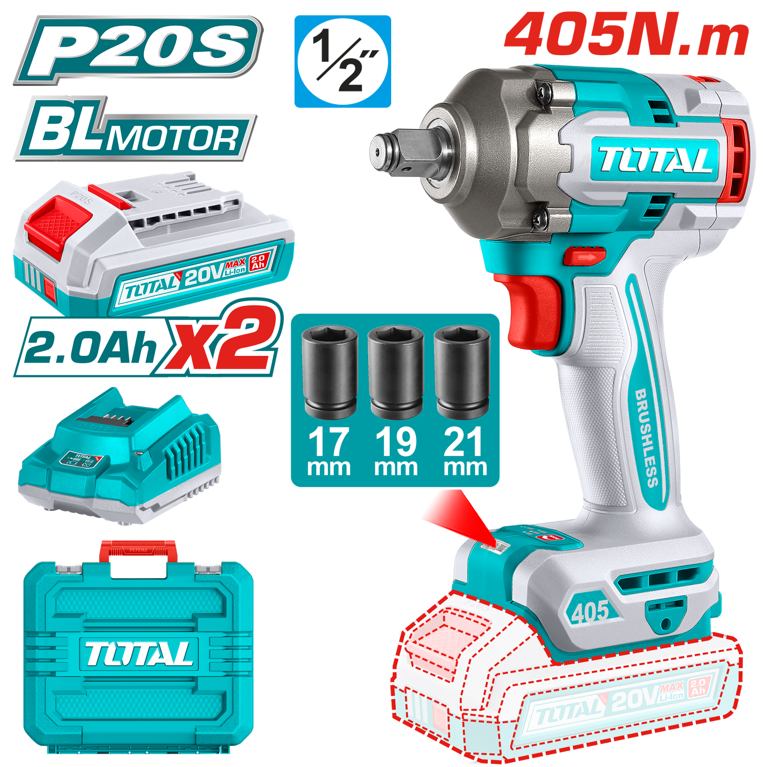 TOTAL Cordless Impact Wrench – 20V | TIWLI2045