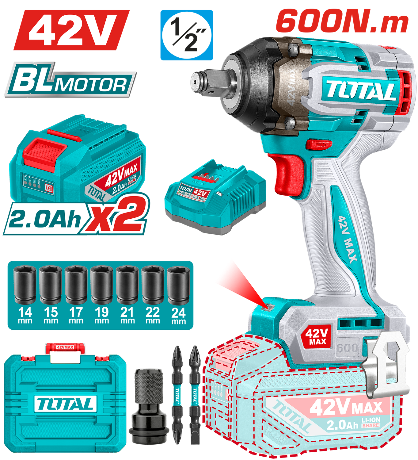 TOTAL Cordless Impact Wrench – 42V | TIWLI42602