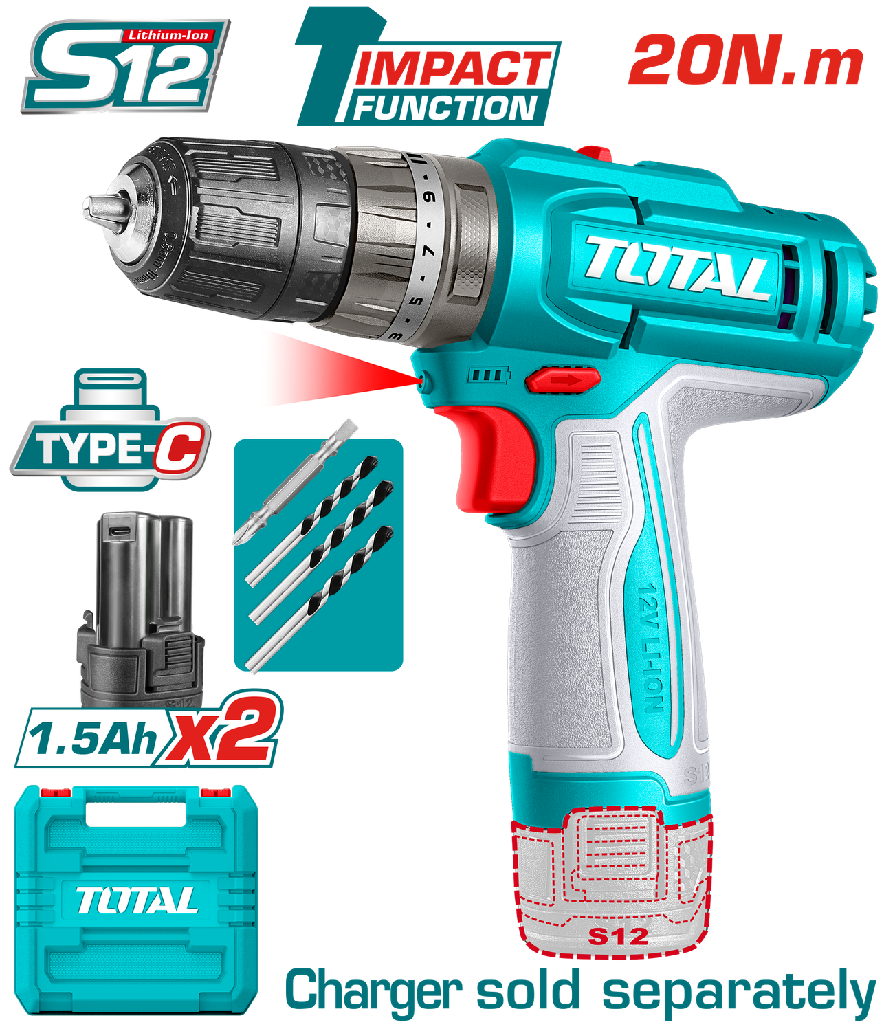 TOTAL Cordless Impact Drill – 12V | TIDLI12206