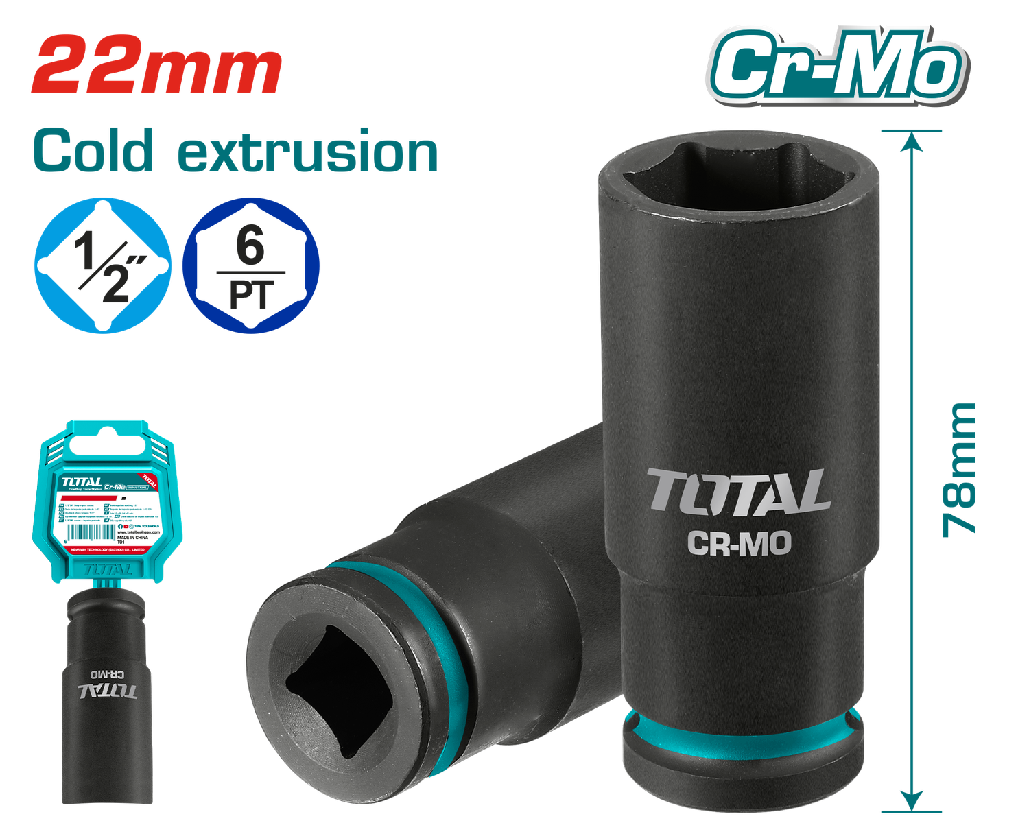 TOTAL 1/2" Drive 22mm Deep Impact Socket – THDIS12222L