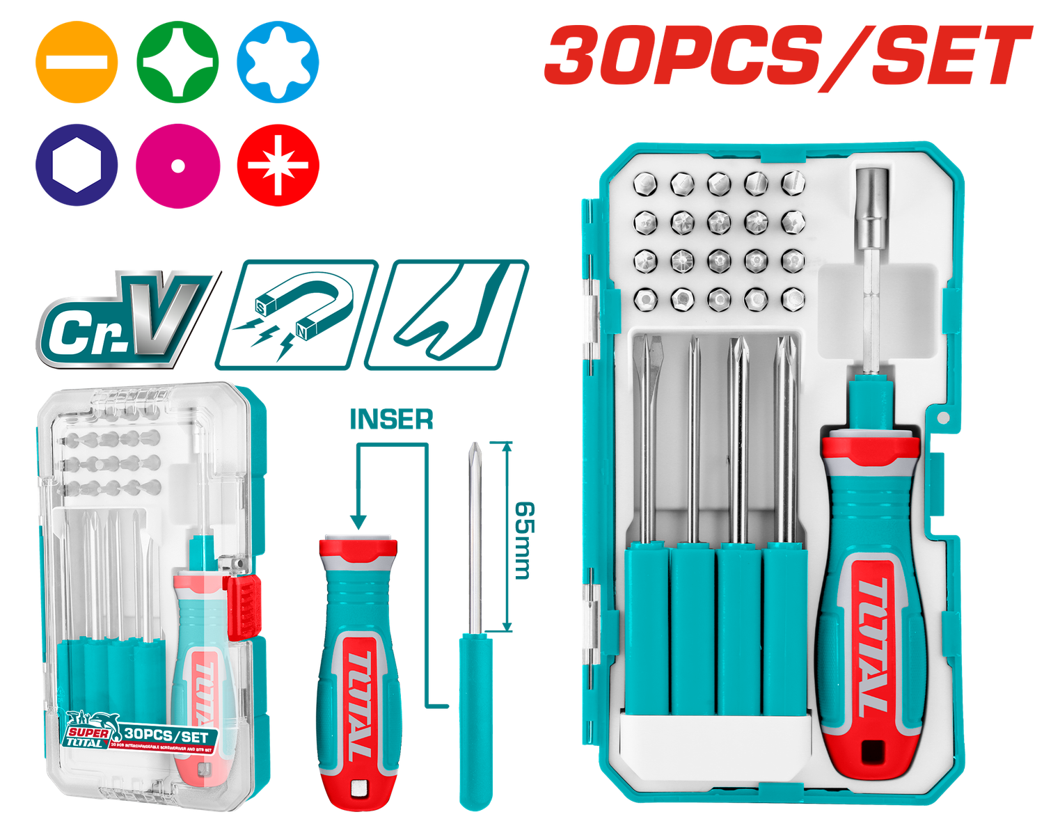 TOTAL 30PCS Interchangeable Screwdriver &amp; Bit Set – TACSD30306