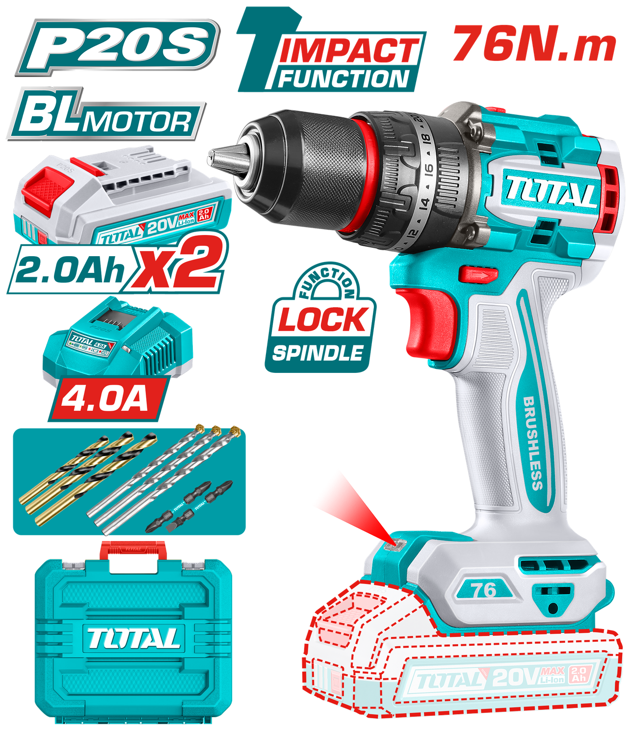 TOTAL Compact Brushless Cordless Impact Drill – 20V | TIDLI207686