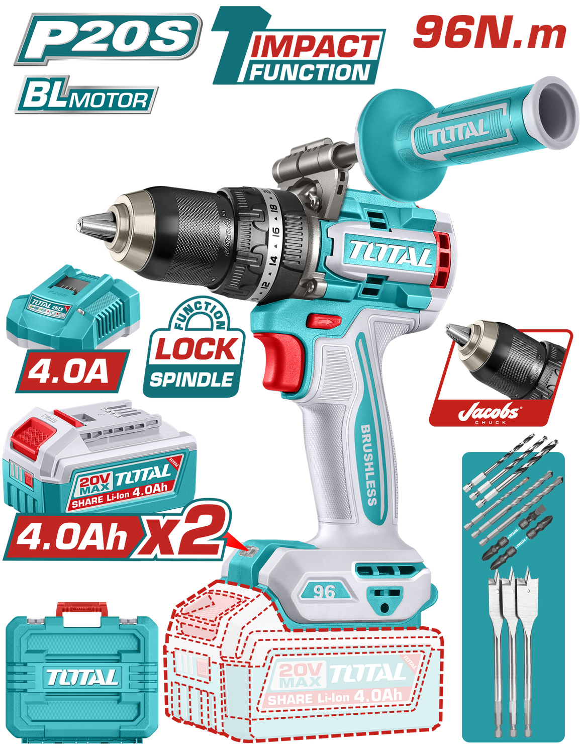 TOTAL Brushless Cordless Impact Drill – 20V | TIDLI209686