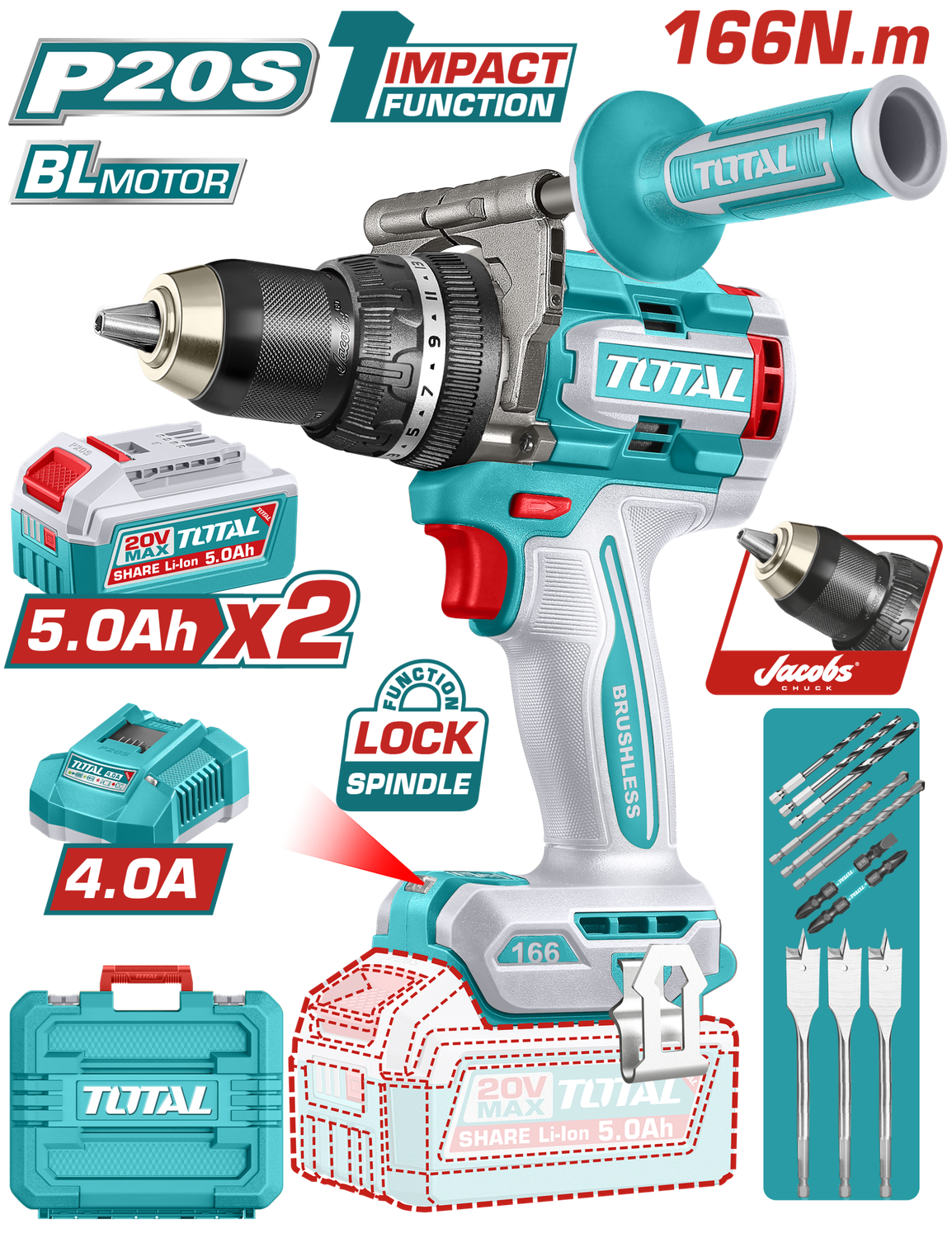 TOTAL Brushless Cordless Impact Drill – 20V | TIDLI201668