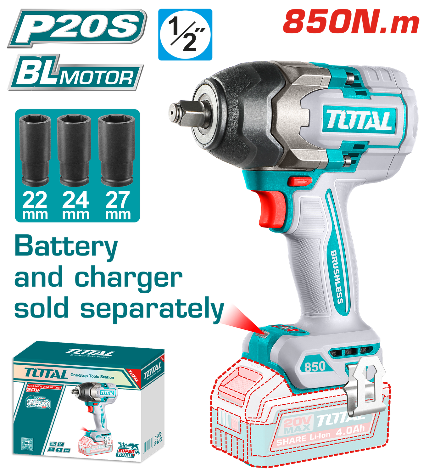 TOTAL TOOLS 20V Brushless Cordless Impact Wrench 850Nm TIWLI20851