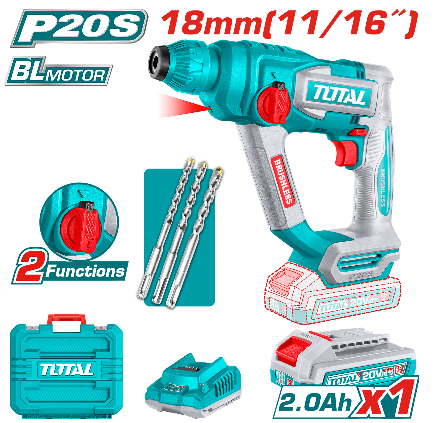 TOTAL Cordless Rotary Hammer – 20V | TRHLI201881