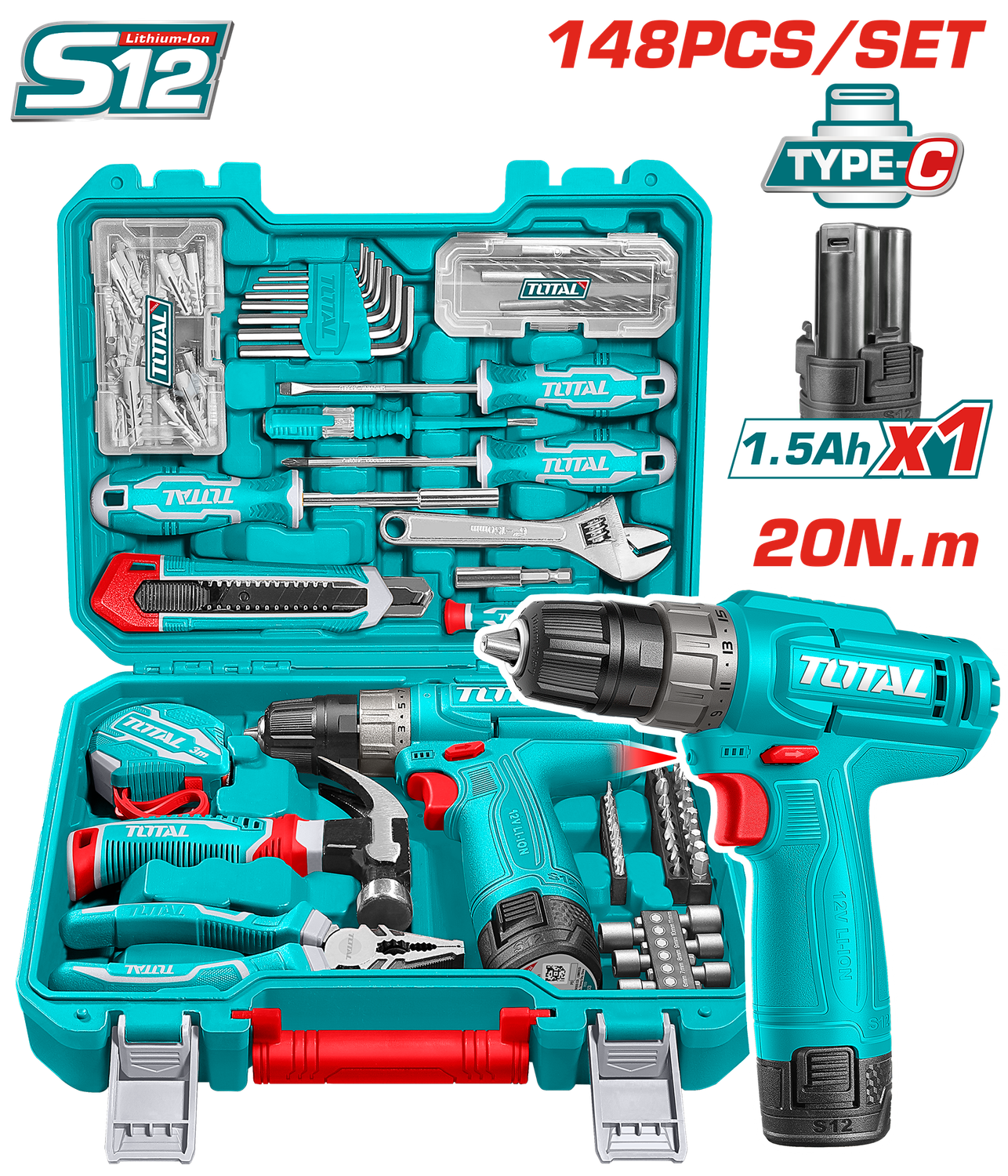 TOTAL 148 Pcs Tools Set – 12V | THKTHP41487